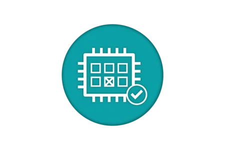 A circular icon with a teal background featuring a white graphic of a microchip. The microchip has several small squares, one marked with an "X" and another accompanied by a checkmark.