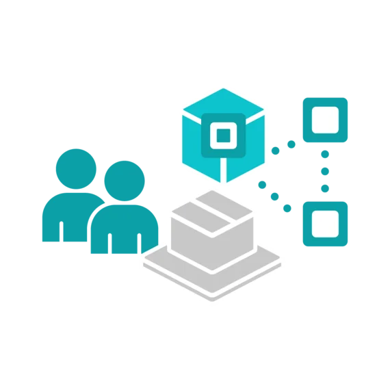 Icon depicting two figures representing users alongside a package and a cube connected by lines, symbolizing collaboration and structured data organization. The design conveys themes of teamwork and efficient logistics or information flow.