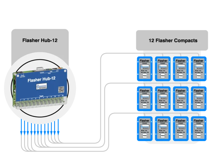 The image illustrates a Flasher Hub-12 connected to 12 Flasher Compact devices. Cables indicate connections from the hub to each compact unit. The hub is centrally placed, highlighting its role in managing multiple flasher devices in a concise configuration.