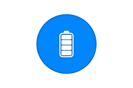 A white battery icon with four horizontal segments is centered on a blue circular background. The icon represents battery level or charging status.