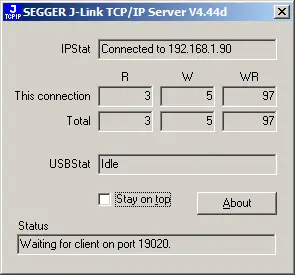 A window displaying the SEGGER J-Link TCP/IP Server interface. It shows connection status to IP address 192.168.1.90, with read and write statistics. USB status is idle, and the status message indicates it is waiting for a client on port 19020.