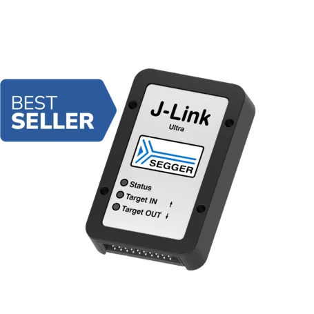 Image of a J-Link Ultra device with a white label displaying the SEGGER logo, status indicators, and labels for "Target IN" and "Target OUT." A blue badge in the corner reads "BEST SELLER." The device is designed for programming and debugging in embedded systems.