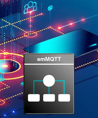 The image features a digital interface showcasing the emMQTT logo at the center, with networked lines and icons symbolizing data connections around it. The background is a blend of blue and purple tones, representing a technological theme related to communication and data flow.