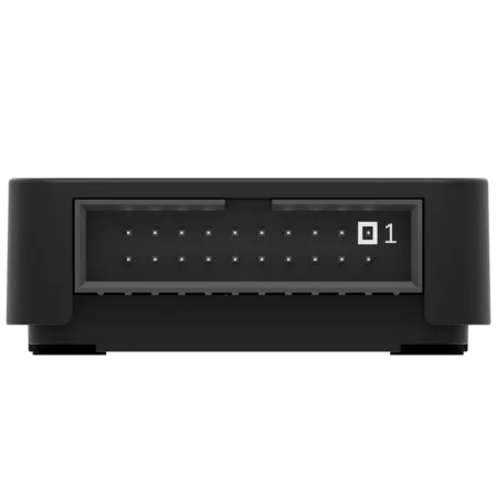 Close-up of a black electronic connector with multiple gold pins inside a rectangular housing. The connector is labeled with a small number "1" near the top left, indicating a specific pin or location.