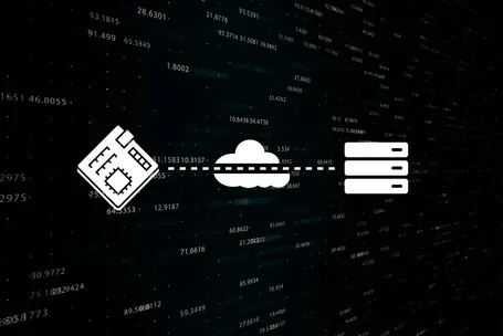 An illustration depicting a microchip, a cloud, and server icons connected by dotted lines. The background features sequences of data numbers, representing data transfer from the microchip to the cloud and then to the server.