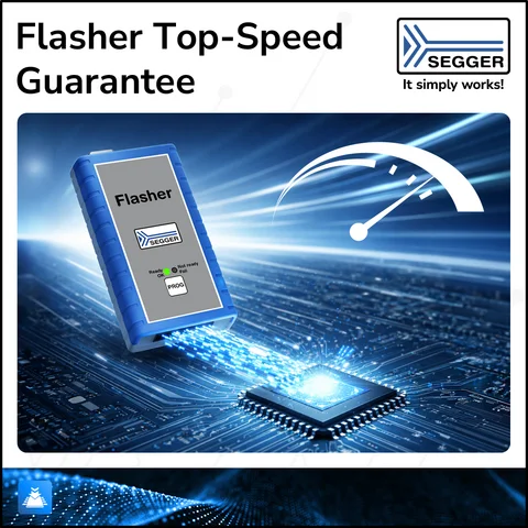 Image of a blue device labeled "Flasher" with lights indicating status, connected to a computer chip on a circuit board. The background features a dynamic design suggesting speed, with the text "Flasher Top-Speed Guarantee" and the SEGGER logo.