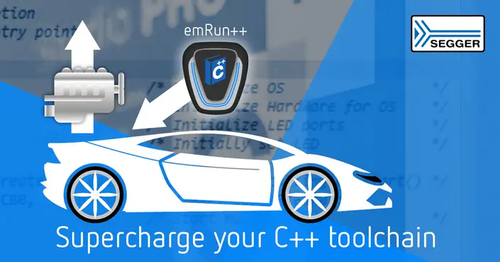 Graphic featuring a streamlined car with an engine and a software icon, symbolizing the enhancement of C++ programming tools. Text reads: "Supercharge your C++ toolchain." The background contains programming code, emphasizing the tech aspect of the message.