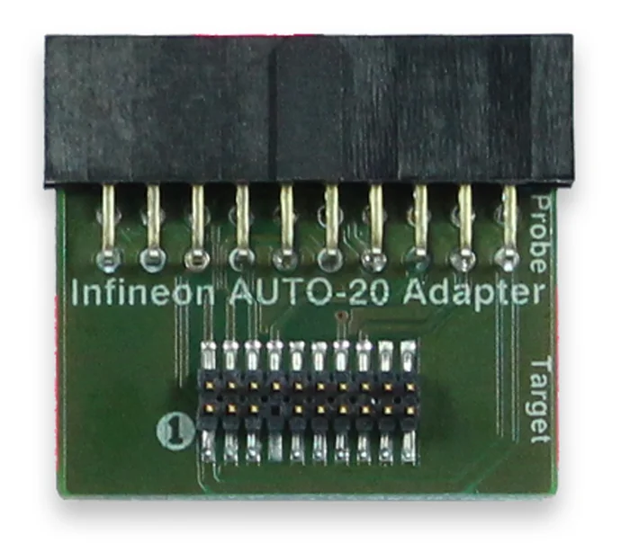 The image features an Infineon AUTO-20 adapter, a small rectangular green circuit board with a row of metal pins on one side and labeled connections for "Probe" and "Target." It is designed for use in electronic applications.