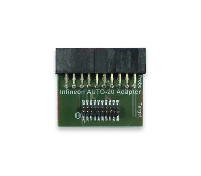 The image features an Infineon AUTO-20 adapter, a small rectangular green circuit board with a row of metal pins on one side and labeled connections for "Probe" and "Target." It is designed for use in electronic applications.