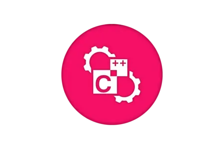 Logo featuring a circular pink background with a white depiction of gears and blocks. The design includes the letter "C" and the symbols "++", representing C++ programming. This image conveys a focus on technology and coding.