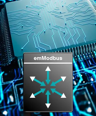 A close-up of a computer chip with intricate blue circuitry is displayed. Overlaid is a label that reads "emModbus," featuring arrows pointing in multiple directions, symbolizing connectivity and communication in technology. The image emphasizes the integration of modern technology.