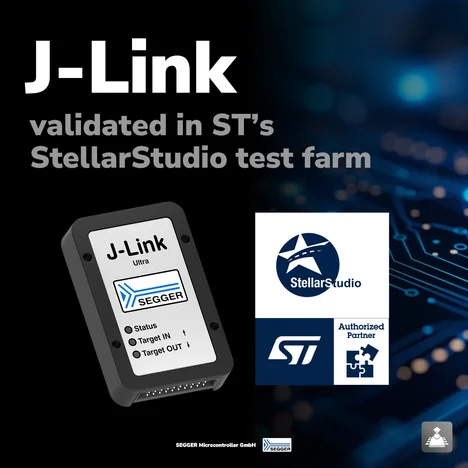 An image featuring a J-Link device labeled "J-Link Ultra" by SEGGER, displayed prominently against a dark background with technical circuit patterns. The text mentions validation in ST’s StellarStudio test farm, alongside logos for StellarStudio and ST, indicating partnership status.