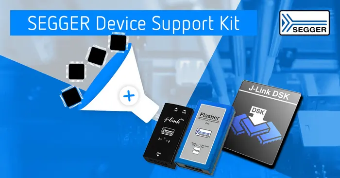 Image description: The SEGGER Device Support Kit prominently features three technical devices: a J-Link programmer, a Flasher programmer, and a DSK module, all designed to assist with programming and debugging electronic devices. The background has a blurred industrial setting, emphasizing the technology theme.
