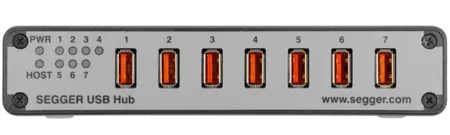 Image of a SEGGER USB hub featuring seven USB ports. Four LED status indicators are present on the left side, with labels indicating power and host connections. The hub is designed for connecting multiple USB devices. The manufacturer's website is displayed at the bottom right.