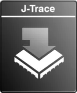 Icon for J-Trace featuring a downward arrow above a stylized microchip. The design emphasizes functionality related to tracing or downloading data, with a dark background to enhance visibility.