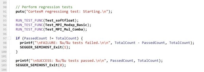 Code snippet showing a series of regression test functions being executed. It includes conditional statements to check if the number of passed tests matches the total, printing either failure or success messages accordingly. The last line returns 0 to indicate successful completion.