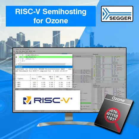 PR graphic: RISC-V Semihosting for Ozone An image depicting an interface for RISC-V semihosting in the Ozone debugger. The display shows terminal outputs with performance metrics for AES encryption benchmarks and assembly code analysis. The RISC-V and Ozone logos are visible at the bottom.