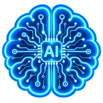 A glowing blue graphic resembling a brain, with circuit patterns and connections radiating from a central "AI" symbol, representing artificial intelligence technology.
