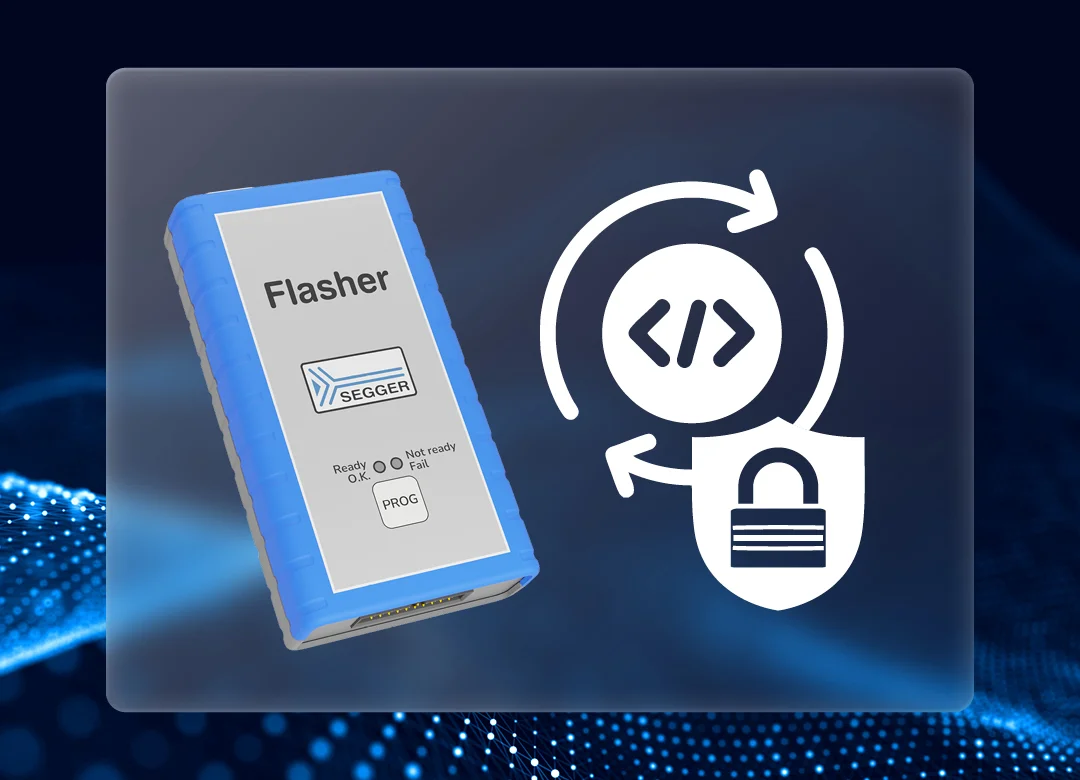 Image shows a SEGGER Flasher device, a programming tool with a blue casing and a interface indicating ready, not ready, and fail statuses. Accompanying icons represent code transfer and security, suggesting functionality related to programming and protecting code.