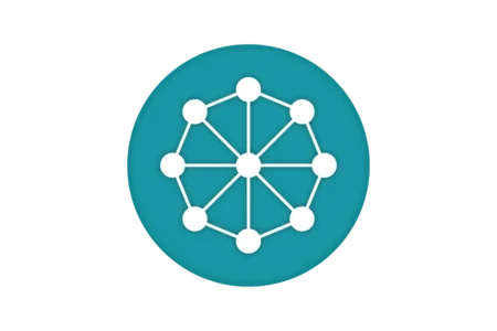 A simple white network diagram is centered on a teal circular background. The diagram features several nodes connected by lines, illustrating a dynamic connection and network concept.