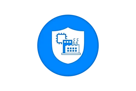 A blue circular logo features a shield with a factory graphic and a circuit design, symbolizing industrial security and technology integration. The image emphasizes safety and innovation in manufacturing.