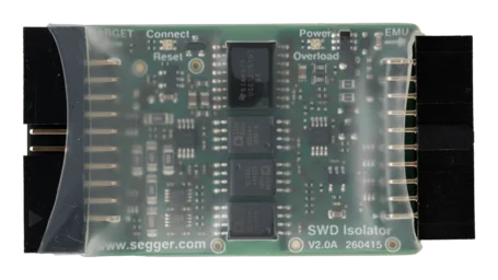 A close-up image of a green circuit board labeled "SWD Isolator V2.0A" featuring multiple integrated circuits, pins for connections, and indicator labels such as "Power," "Connect," and "Reset." The board is encased in a transparent plastic cover.