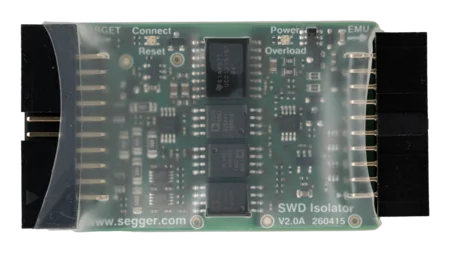 A close-up image of a green circuit board labeled "SWD Isolator V2.0A" featuring multiple integrated circuits, pins for connections, and indicator labels such as "Power," "Connect," and "Reset." The board is encased in a transparent plastic cover.