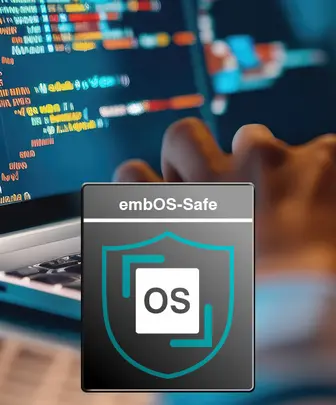 A close-up of a person's hand typing on a laptop keyboard, with a digital screen displaying lines of code. In the foreground, there is a logo for "embOS-Safe," featuring a shield symbol with an "OS" design element in the center.