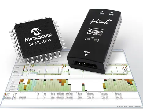 The image features a Microchip SAML10/11 microcontroller chip positioned near a J-Link Pro debugger. Below them is a blurred software interface displaying colorful graphs and data tables related to programming and debugging tasks.