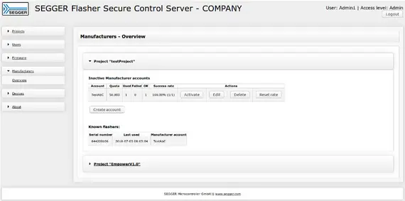Screen displaying the SEGGER Flasher Secure Control Server interface. The section shows an overview of manufacturers, including inactive accounts and known flashers with details like account status and options to activate or delete accounts. The page header and user information are also visible.