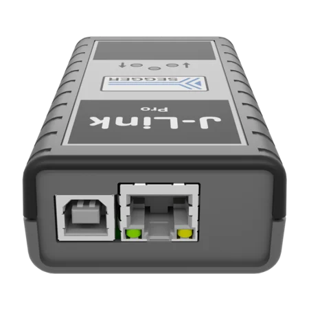 A gray device with ports on one end, labeled "J-Link Pro." It features a square USB port and an Ethernet port, both for connectivity. The surface has a textured design for grip. It is designed for programming and debugging electronic devices.
