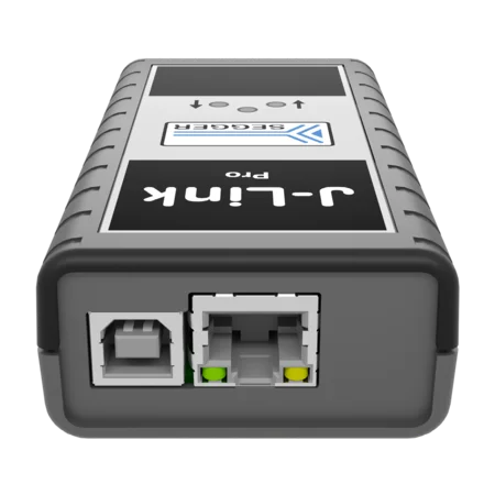 A gray device with ports on one end, labeled "J-Link Pro." It features a square USB port and an Ethernet port, both for connectivity. The surface has a textured design for grip. It is designed for programming and debugging electronic devices.
