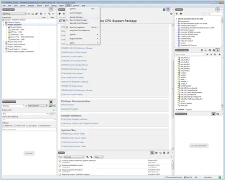 Screenshot of the SEGGER Embedded Studio interface displaying the STM32F4xx CPU Support Package. The window includes project exploration, documentation, and a log output area. Various sample solutions and system files are listed, indicating a development environment for embedded systems programming.