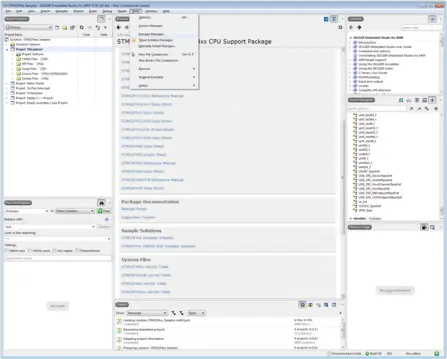 Screenshot of the SEGGER Embedded Studio interface displaying the STM32F4xx CPU Support Package. The window includes project exploration, documentation, and a log output area. Various sample solutions and system files are listed, indicating a development environment for embedded systems programming.
