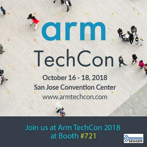 Promotional image for Arm TechCon 2018, held from October 16 to 18 at the San Jose Convention Center. The text invites attendees to visit Booth #721, with the event's website displayed for further information.