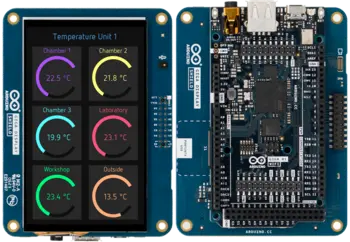 The image displays an Arduino board next to a touchscreen display. The display shows temperature readings for various locations: Chamber 1 (22.5°C), Chamber 2 (21.8°C), Chamber 3 (19.9°C), Laboratory (23.1°C), Workshop (23.4°C), and Outside (13.5°C).
