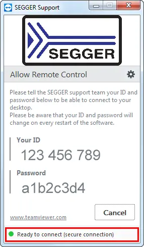 A SEGGER support window displays instructions for remote control access. It prompts the user to provide an ID and password, indicating a secure connection is ready. The fields show "Your ID" and "Password" for user input, alongside options to cancel the action.