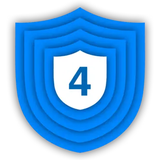 A blue shield icon with layered designs, featuring the number "4" prominently displayed in the center. The shield represents protection or security, with a smooth gradient adding depth.