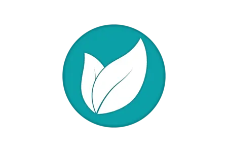 The image features a stylized white leaf on a teal circular background. The design emphasizes nature and freshness, conveying themes of sustainability and environmental awareness.