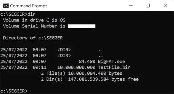 A command prompt window displaying a directory listing of the "SEGGER" folder on the C: drive. It shows two files: "BigFAT.exe" and "TestFile.bin," along with their sizes. The total available space and the number of directories are also noted.