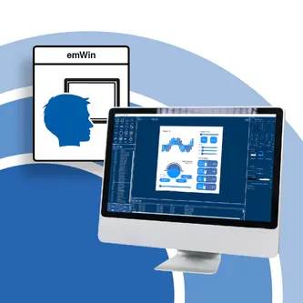 A computer monitor displays a graphical user interface with charts and controls related to a software application named "emWin." The background features blue circular patterns, emphasizing the digital theme.