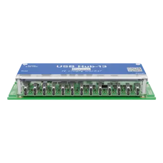 An electronic USB hub labeled "USB Hub-13," featuring multiple USB-C ports for connecting devices. The hub is mounted on a green circuit board with a blue top surface. It is designed to facilitate connections for various USB devices.