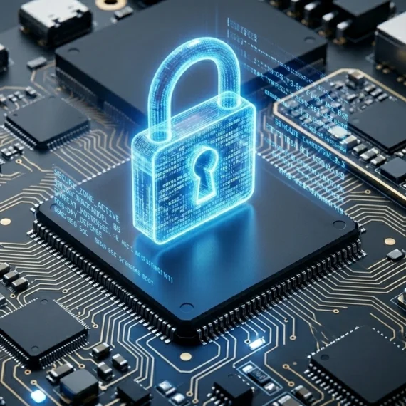 An abstract digital representation of a padlock appears over a detailed circuit board, symbolizing cybersecurity. The circuit board features microchips, capacitors, and connections, illuminated with blue lights, emphasizing a theme of technological security and data protection.