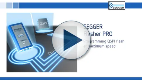 Graphic promoting the SEGGER Flasher PRO, a device designed for programming QSPI flash memory quickly. The image features a visual representation of the device and the text "Programming QSPI flash at maximum speed." A play button indicates a video element.