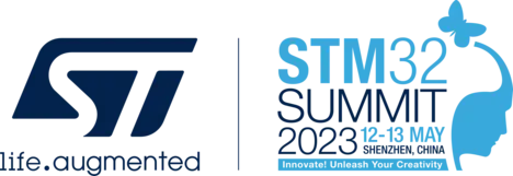 Logo for the STM32 Summit 2023, taking place from May 12 to 13 in Shenzhen, China. The event encourages innovation and creativity. An accompanying graphic features a profile with a butterfly, symbolizing growth and transformation, alongside the STMicroelectronics company logo.