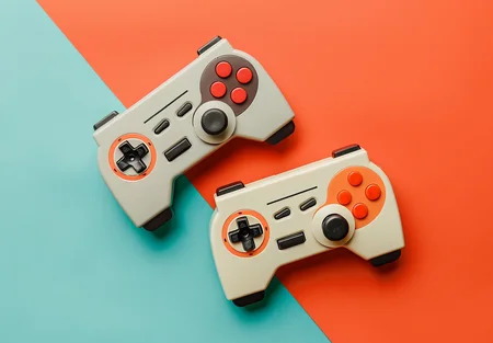 Two gaming controllers are positioned on a split background of teal and orange. The controllers feature a mix of buttons and a joystick, with one having an orange accent and the other a contrasting design. They symbolize gaming and entertainment.