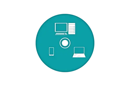 Icon representing various digital devices: a desktop computer, a laptop, and a smartphone, arranged around a central circle. The background is a teal color, emphasizing connectivity and digital interaction among these devices.