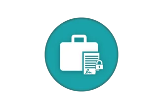 An icon featuring a briefcase and a document with a lock, set against a turquoise background. It symbolizes security and confidentiality in a professional or business context.