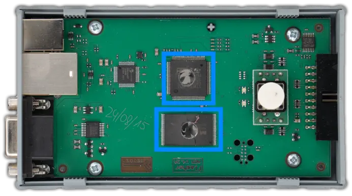 How to destroy the circuit board of a Flasher unit Destroyed circuit board of a Flasher highlighted in blue