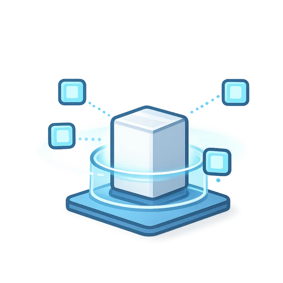 An abstract graphic depicting a central white cube surrounded by a glowing circular outline. Four smaller blue squares are positioned around it, connected by dotted lines. The background is a gradient of dark gray, enhancing the focus on the central cube and its surrounding elements.